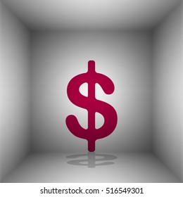 Dollars sign illustration. USD currency symbol. Money label. Bordo icon with shadow in the room.