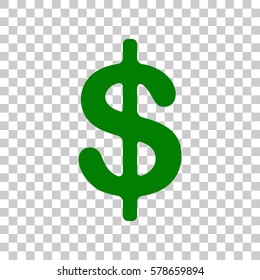 Dollars sign illustration. USD currency symbol. Money label. Dark green icon on transparent background.