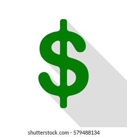 Dollars sign illustration. USD currency symbol. Money label. Green icon with flat style shadow path.