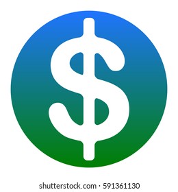 Dollars sign illustration. USD currency symbol. Money label. Vector. White icon in bluish circle on white background. Isolated.