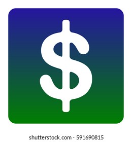 Dollars sign illustration. USD currency symbol. Money label. Vector. White icon at green-blue gradient square with rounded corners on white background. Isolated.