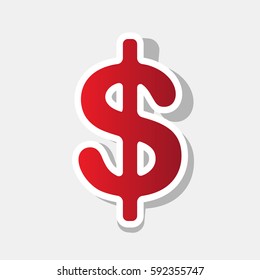 Dollars sign illustration. USD currency symbol. Money label. Vector. New year reddish icon with outside stroke and gray shadow on light gray background.