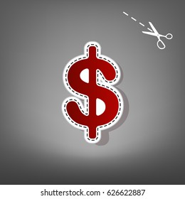 Dollars sign illustration. USD currency symbol. Money label. Vector. Red icon with for applique from paper with shadow on gray background with scissors.