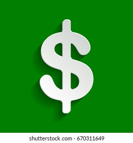 Dollars sign illustration. USD currency symbol. Money label. Vector. Paper whitish icon with soft shadow on green background.