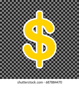 Dollars sign illustration. USD currency symbol. Money label. Vector. Yellow icon with white contour on dark transparent background.