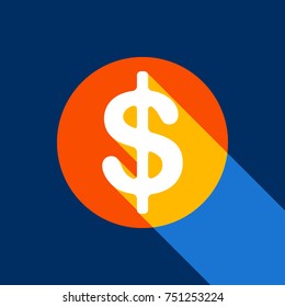 Dollars sign illustration. USD currency symbol. Money. Vector. White icon on tangelo circle with infinite shadow of light at cool black background. Selective yellow and bright navy blue are produced.