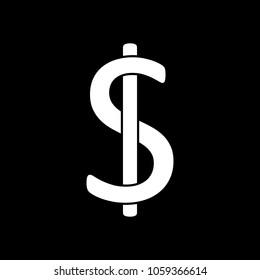 Dollars sign and USD symbol icon. White icon on black background. Inversion