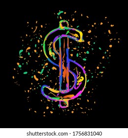 Signo de dólares e icono de símbolo USD. Tinta coloreada con salpicaduras en fondo negro