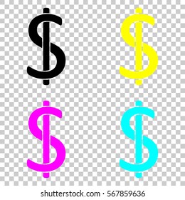 Dollars sign and USD symbol icon. Colored set of cmyk icons on transparent background.