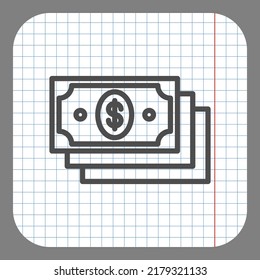 Dollars simple icon, vector. Flat design. On graph paper. Grey background.ai