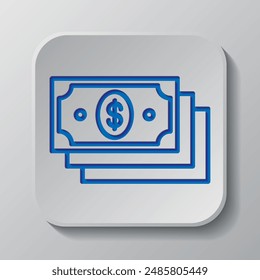 Dollars simple icon, vector. Flat design. Paper cut design. Cutted blue symbol with shadow. Gray badge button, gray background.ai