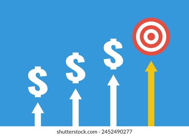 Dollars steps or stairs to goal target concept. Red dart board as final step illustration. Rising up arrows trend. Business plan for financial growth. Personal financial roadmap.