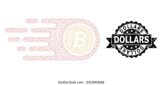 Dollars textured seal print and vector bitcoin mesh structure. Black seal has Dollars tag inside ribbon and rosette. Abstract flat mesh bitcoin, designed with flat mesh.