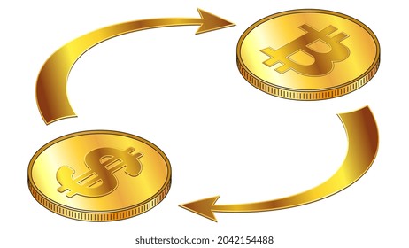 Dollars USD and Bitcoin BTC circulation isometric concept with gold coins and cyclical arrows isolated on white. Rotation of digital money. Vector design element.
