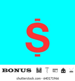 Dollars USD Money icon flat. Red pictogram on blue background. Vector illustration symbol and bonus buttons Music center, corkscrew, credit card, house, drum