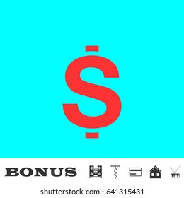 Dollars USD Money icon flat. Red pictogram on blue background. Vector illustration symbol and bonus buttons Music center, corkscrew, credit card, house, drum