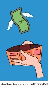 Dólares con alas volando lejos de las manos con billetera. Perdiendo dinero, gastando excesivamente, en bancarrota. Ilustración del vector en estilo dibujado a mano