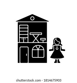 Dollhouse Black Glyph Icon. Miniature Playhouse With Doll. Pretend Games Playing. Princess Home, Cottage For Preschoolers. Silhouette Symbol On White Space. Vector Isolated Illustration