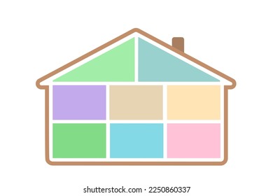 Casa de muñecas con ocho espacios vacíos para las habitaciones, en sección transversal. Sobre fondo blanco. El concepto de la casa de muñecas. Caricatura de estilo plano. Ilustración del vector