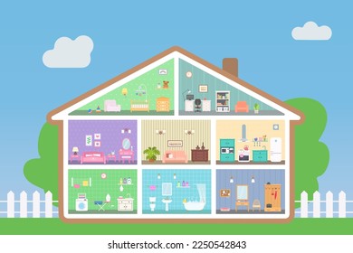 Dollhouse with eight rooms with interior, in cross section. Dollhouse interior concept. Cartoon flat style. Vector illustration
