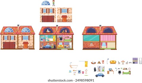 A dollhouse with exterior and interior walls, furniture, and accessories is shown. The house has three floors, an attic with windows, and a balcony. Various furniture items are scattered around the ho