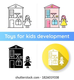 Dollhouse Icon. Miniature Playhouse With Doll. Pretend Games Playing. Princess Home, Cottage For Preschoolers. Childhood. Linear Black And RGB Color Styles. Isolated Vector Illustrations