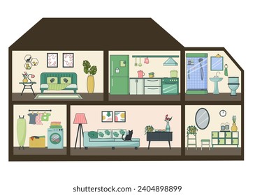 El concepto de interiores Dollhouse. Vista separada de una casa de muñecas. Mobiliario para habitaciones diferentes - sala de estar y dormitorio, cuarto de baño y lavandería, pasillo y cocina. Para portadas y folletos, juegos para