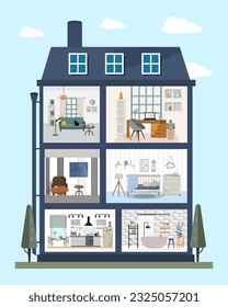 dollhouse with many rooms, living room, bathroom, kitchen, nursery, office,vector illustration