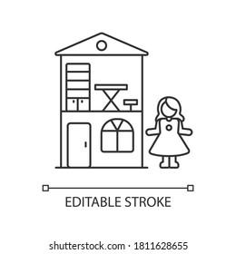 Dollhouse Pixel Perfect Linear Icon. Miniature Playhouse With Doll. Pretend Games Playing. Thin Line Customizable Illustration. Contour Symbol. Vector Isolated Outline Drawing. Editable Stroke