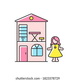 Dollhouse RGB Color Icon. Miniature Playhouse With Doll. Pretend Games Playing. Amusement Time With Children. Princess Home, Cottage For Preschoolers. Isolated Vector Illustration