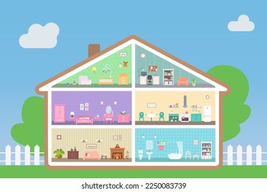 Dollhouse with rooms in cross section. Dollhouse interior concept. Cartoon flat style. Vector illustration