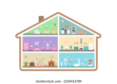 Dollhouse with rooms in cross section. On white background. Doll house interior concept. Cartoon flat style. Vector illustration