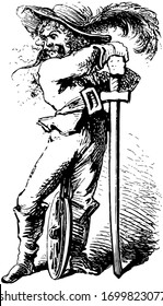 The Dolliver Family, this picture shows a man in armor dress and holding sword in hands, sword pointing to the ground, vintage line drawing or engraving illustration