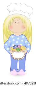 Doll-like girl in apron and cap holding a plate with colorful donuts. Vector illustration. 