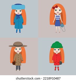 Dolls. Collection of dolls. Children s toys set, dolls in dresses. Vector illustration
