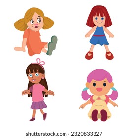 Dolls. Collection of dolls. Children s toys set, dolls in dresses. Vector illustration.
