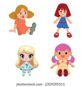 Muñecas. Colección de muñecas. Juegos de juguetes para niños, muñecas con vestidos. Ilustración vectorial.