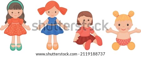 Dolls. Collection of dolls. Children s toys set, dolls in dresses. Vector illustration