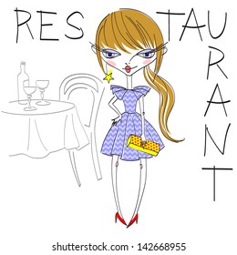 dolls collection, lifestyle vector illustration, fashion girl in restaurant