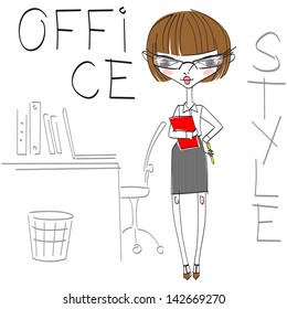 dolls collection, lifestyle vector illustration, fashion girl in office