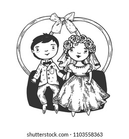Dolls engraving vector illustration. Scratch board style imitation. Black and white hand drawn image.