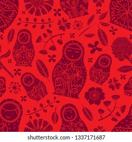 Dolls and flowers. Cute babushka.Seamless pattern.