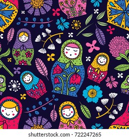 Dolls and flowers. Cute babushka.Seamless pattern.