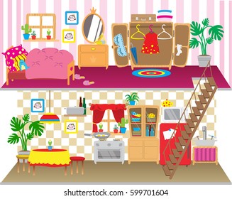 Dolls house floors interior. Children playing vector background. House for doll. Flat style cartoon illustration.