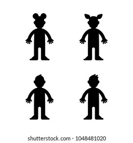Dolls, little boy and girl, black silhouette, isolated. Vector template for laser cutting