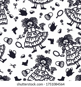 Dolls and little things vector seamless pattern for decor, wrapping paper and textile.