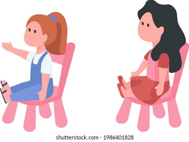 Dolls sitting on chairs semi flat color vector items set. Girl toys Colorful object on white. Childcare isolated modern cartoon style illustration for graphic design and animation collection