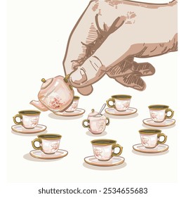 bonecas tamanho tempo de jogo crianças cor-de-rosa porcelana cerâmica conjunto xícaras de café tarde chá britânico tempo festa cerâmica clássica cerâmica tabeware container ilustração sobre fundo branco