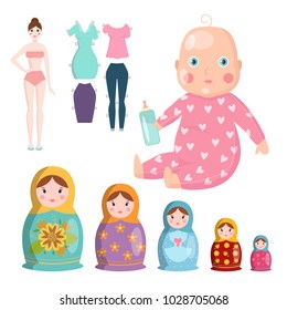 Dolls toy character game dress and farm scarecrow rag-doll vector illustration