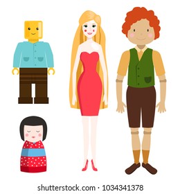 Dolls toy character game dress and farm scarecrow rag-doll vector illustration